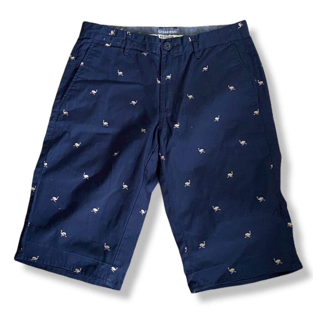 Giordano Mens‎ Shorts Size 29 Slim Bermuda Ostrich Print Navy Blue